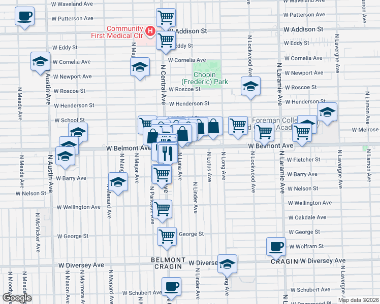 map of restaurants, bars, coffee shops, grocery stores, and more near 5523 West Belmont Avenue in Chicago