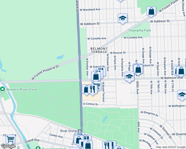 map of restaurants, bars, coffee shops, grocery stores, and more near 3230 North Plainfield Avenue in Chicago