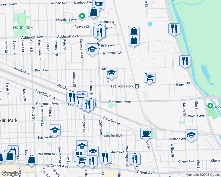 map of restaurants, bars, coffee shops, grocery stores, and more near 3249 Pearl Street in Franklin Park