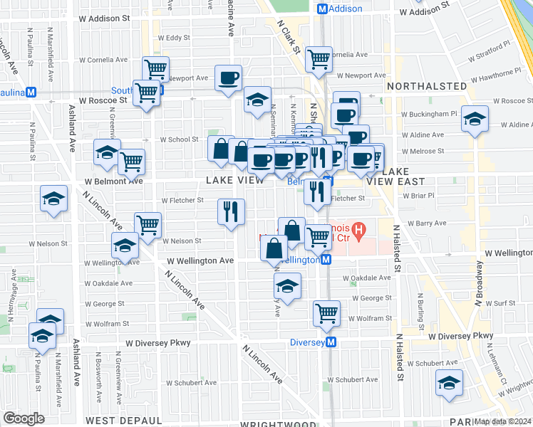 map of restaurants, bars, coffee shops, grocery stores, and more near 1110 West Barry Avenue in Chicago