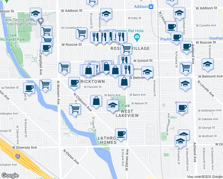 map of restaurants, bars, coffee shops, grocery stores, and more near 3119 North Hoyne Avenue in Chicago