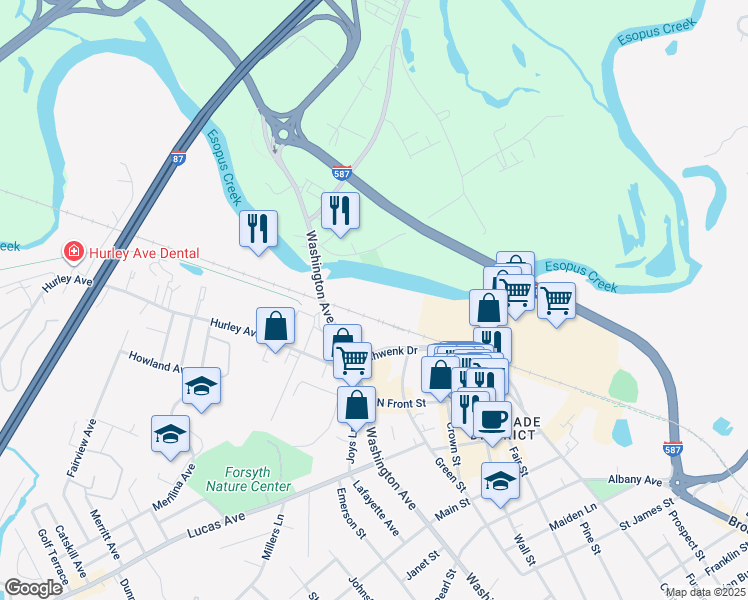 map of restaurants, bars, coffee shops, grocery stores, and more near 500 Washington Avenue in Kingston