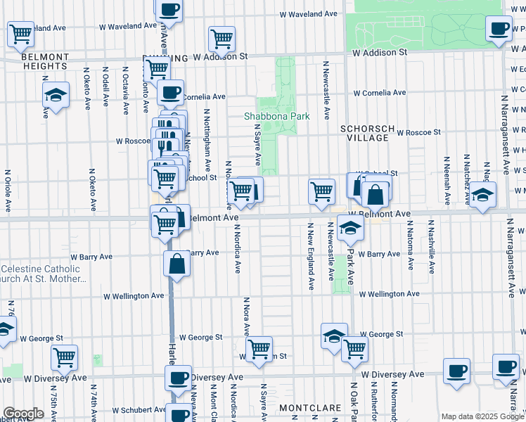 map of restaurants, bars, coffee shops, grocery stores, and more near 6972 West Belmont Avenue in Chicago