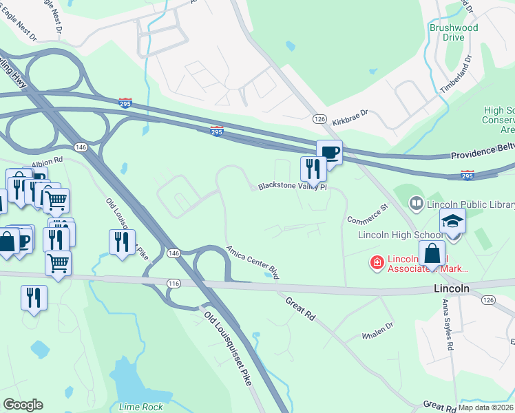 map of restaurants, bars, coffee shops, grocery stores, and more near 25 Blackstone Valley Place in Lincoln