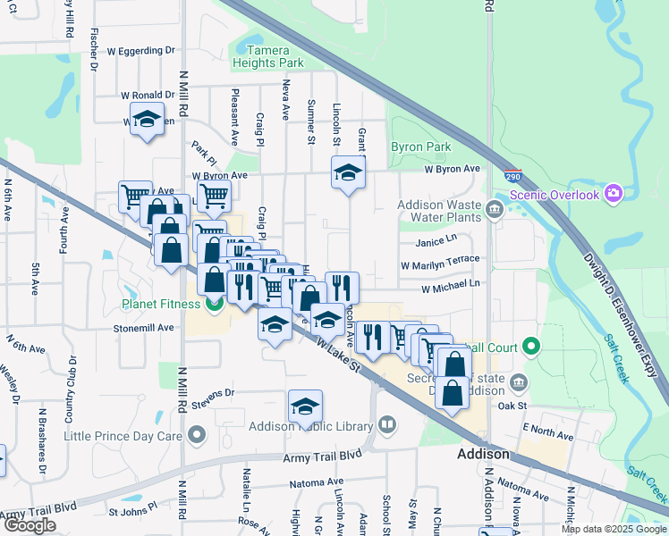 map of restaurants, bars, coffee shops, grocery stores, and more near 620 Lincoln Avenue in Addison