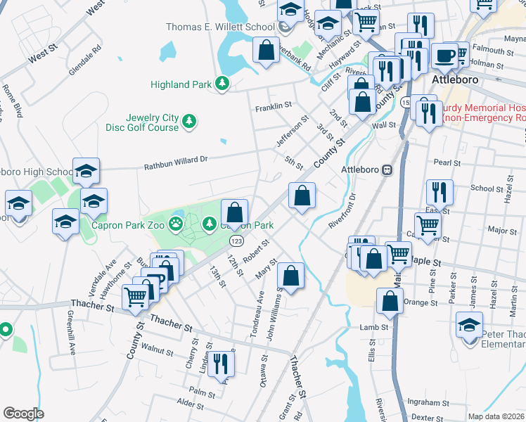 map of restaurants, bars, coffee shops, grocery stores, and more near 15 Dennis Street in Attleboro