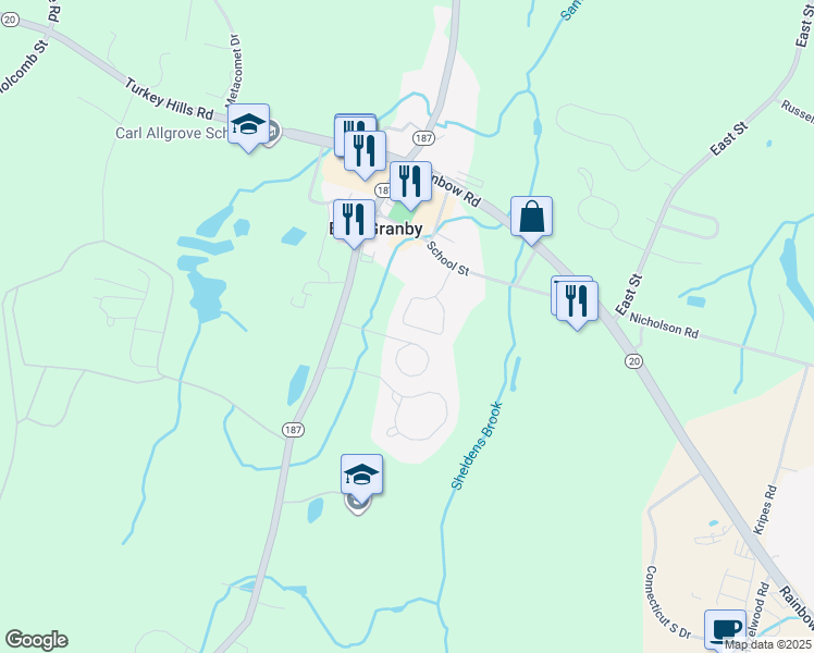 map of restaurants, bars, coffee shops, grocery stores, and more near 41 Schoolhouse Landing in East Granby