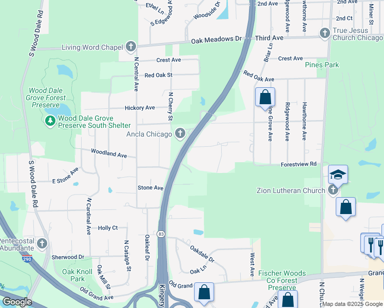 map of restaurants, bars, coffee shops, grocery stores, and more near 17W205 Woodland Avenue in Bensenville