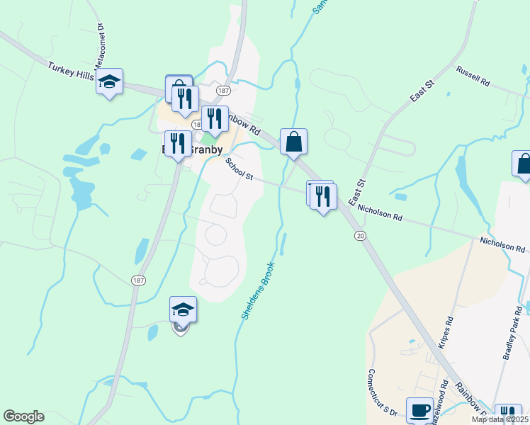 map of restaurants, bars, coffee shops, grocery stores, and more near 30 School Street in East Granby