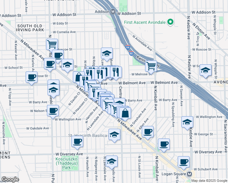 map of restaurants, bars, coffee shops, grocery stores, and more near 3137 North Monticello Avenue in Chicago