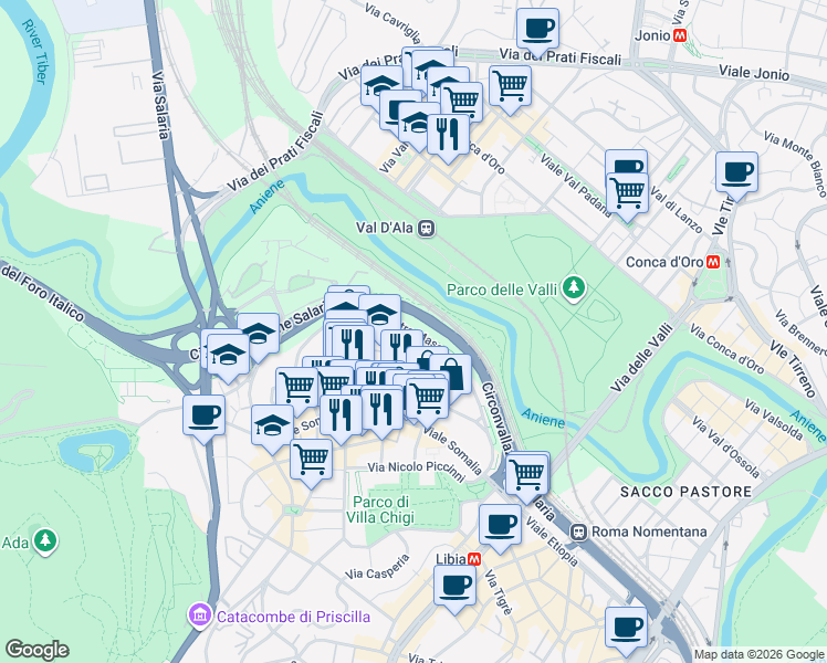 map of restaurants, bars, coffee shops, grocery stores, and more near Circonvallazione Salaria in Roma