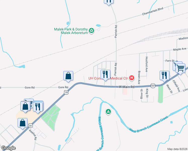 map of restaurants, bars, coffee shops, grocery stores, and more near 242 West Main Road in Conneaut
