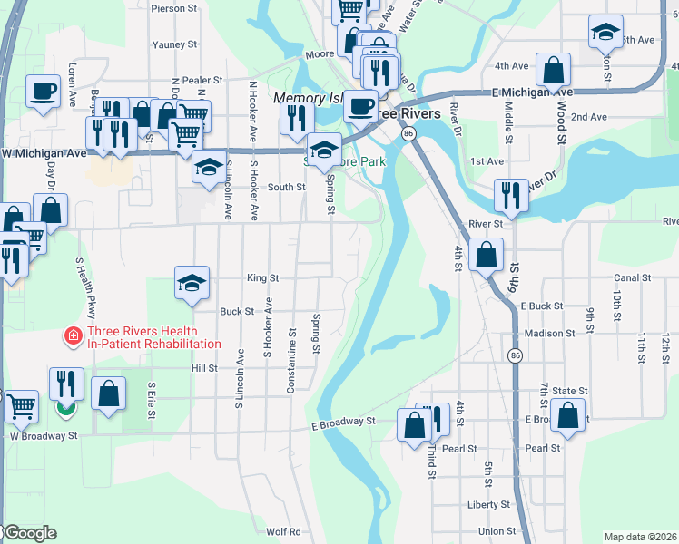 map of restaurants, bars, coffee shops, grocery stores, and more near 404 Spring Street in Three Rivers