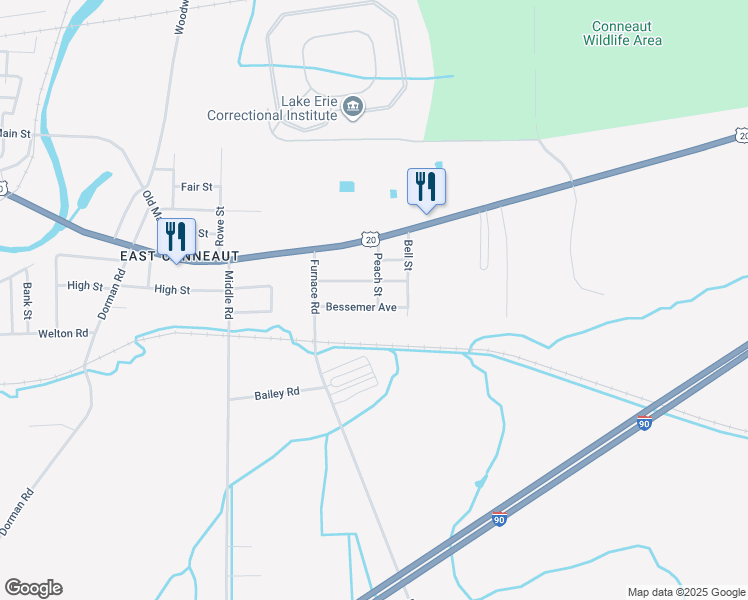 map of restaurants, bars, coffee shops, grocery stores, and more near 348 Bessemer Ave in Conneaut