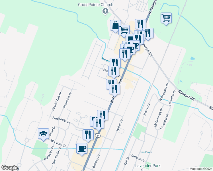 map of restaurants, bars, coffee shops, grocery stores, and more near 1215 North Telegraph Road in Monroe