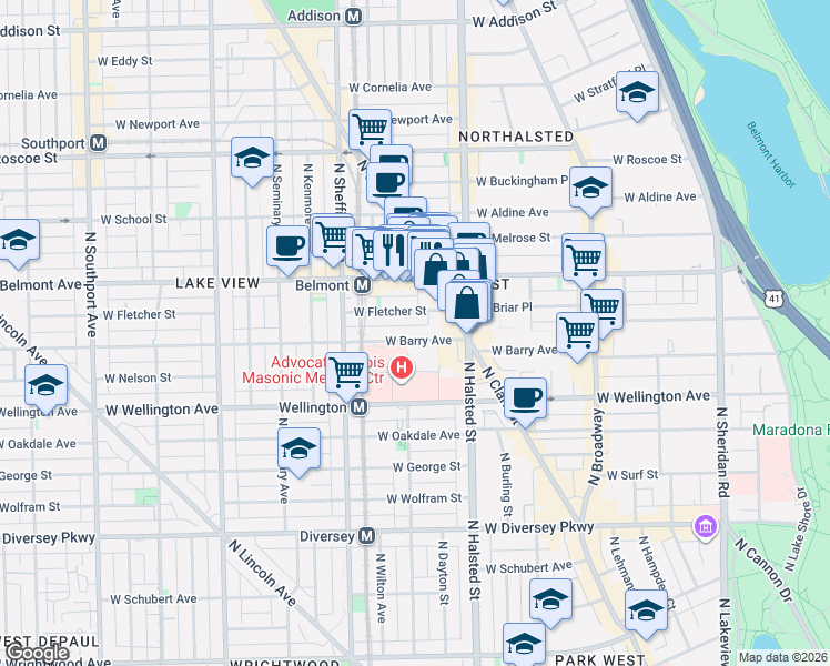map of restaurants, bars, coffee shops, grocery stores, and more near 846 West Barry Avenue in Chicago