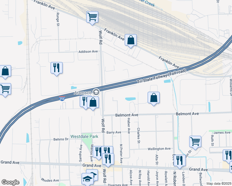 map of restaurants, bars, coffee shops, grocery stores, and more near 11045 Gage Avenue in Franklin Park