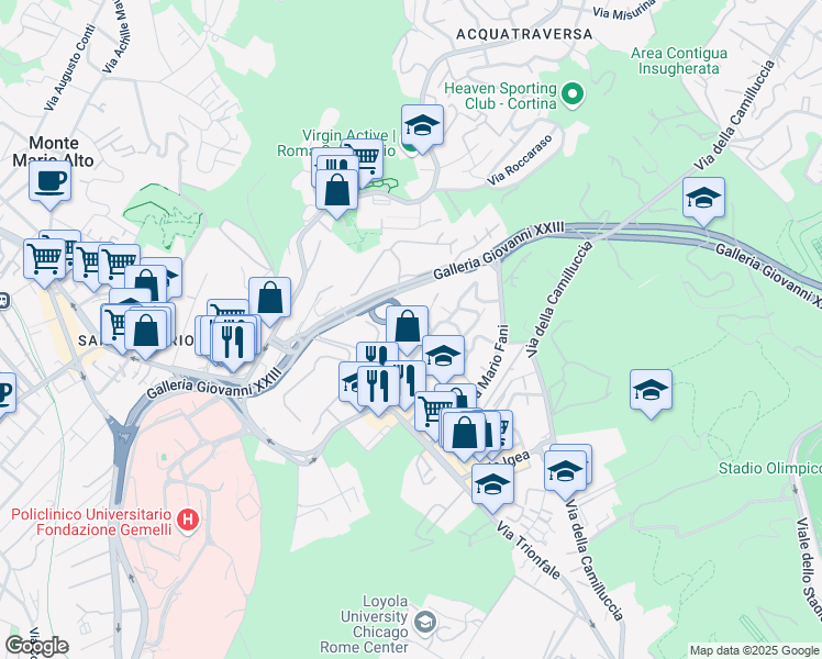 map of restaurants, bars, coffee shops, grocery stores, and more near 13 Via Menaggio in Roma