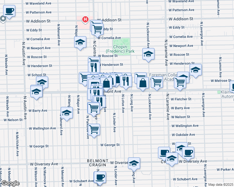 map of restaurants, bars, coffee shops, grocery stores, and more near 5455 West Belmont Avenue in Chicago