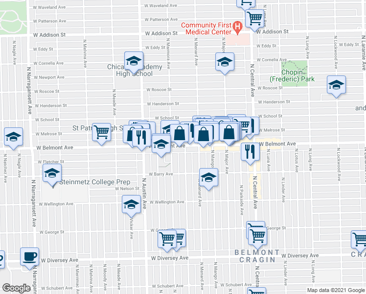 map of restaurants, bars, coffee shops, grocery stores, and more near 5835 West Belmont Avenue in Chicago