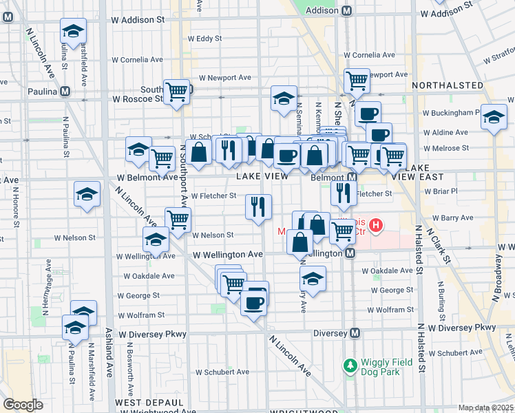 map of restaurants, bars, coffee shops, grocery stores, and more near 3117 North Racine Avenue in Chicago