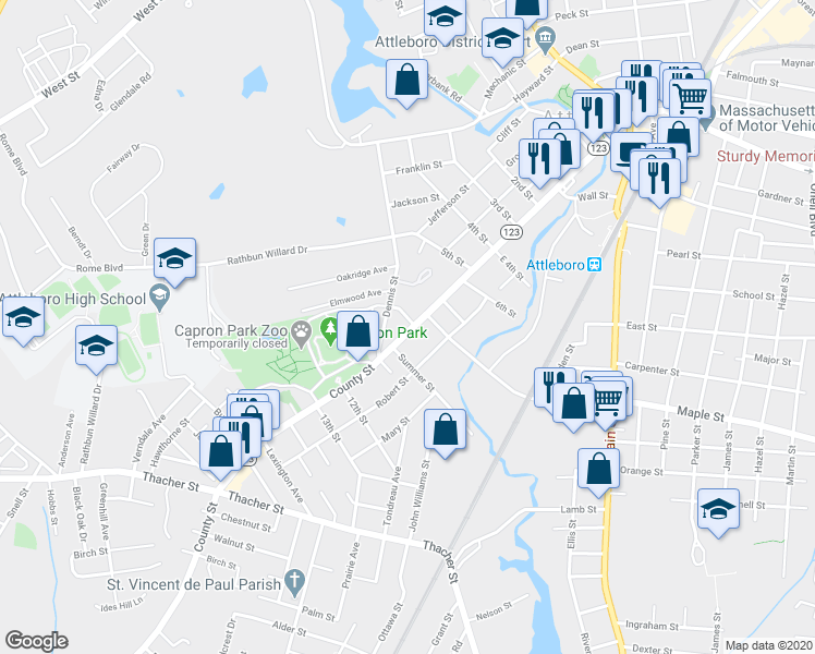 map of restaurants, bars, coffee shops, grocery stores, and more near 15 Dennis Street in Attleboro