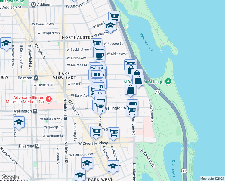 map of restaurants, bars, coffee shops, grocery stores, and more near 463 West Briar Place in Chicago
