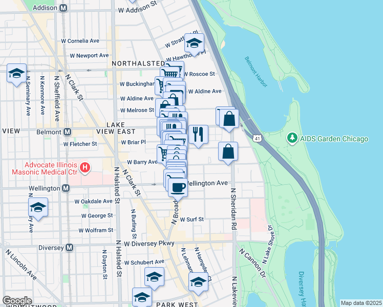 map of restaurants, bars, coffee shops, grocery stores, and more near 533 West Briar Place in Chicago