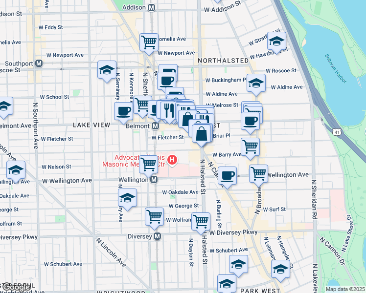 map of restaurants, bars, coffee shops, grocery stores, and more near 846 West Barry Avenue in Chicago