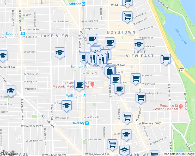 map of restaurants, bars, coffee shops, grocery stores, and more near 846 West Barry Avenue in Chicago