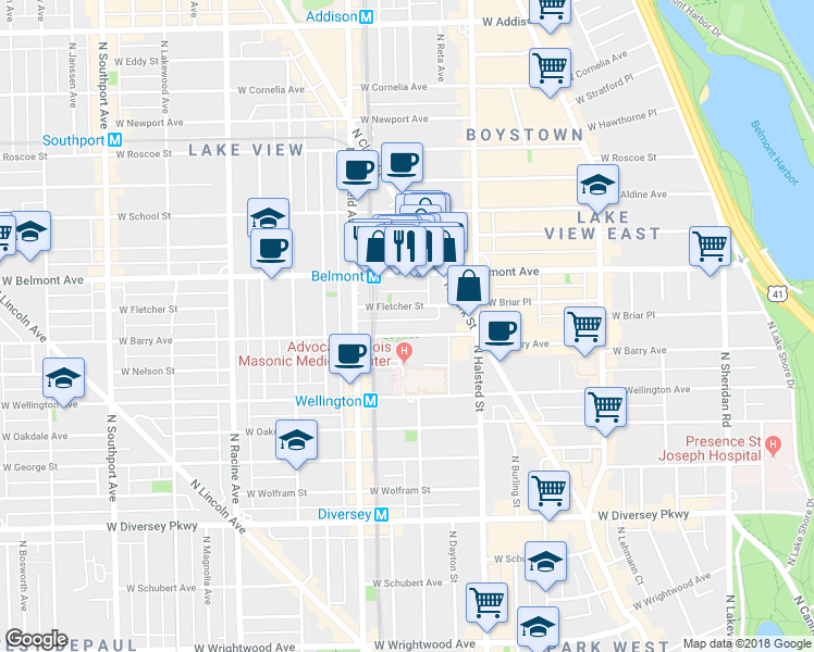 map of restaurants, bars, coffee shops, grocery stores, and more near 920 West Barry Avenue in Chicago