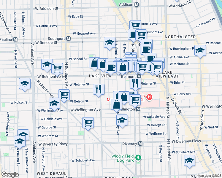 map of restaurants, bars, coffee shops, grocery stores, and more near 3116 North Seminary Avenue in Chicago