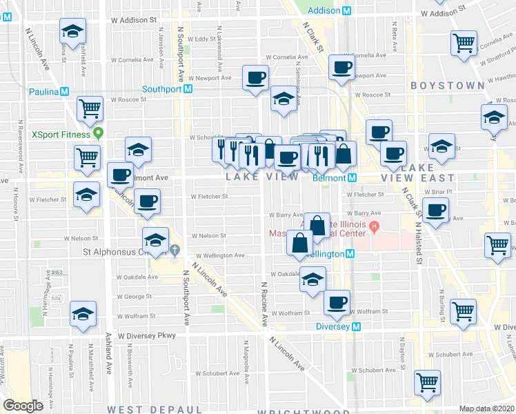 map of restaurants, bars, coffee shops, grocery stores, and more near 3117 North Racine Avenue in Chicago
