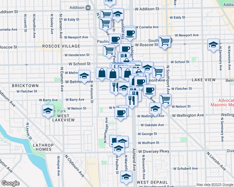 map of restaurants, bars, coffee shops, grocery stores, and more near 1645 West Fletcher Street in Chicago