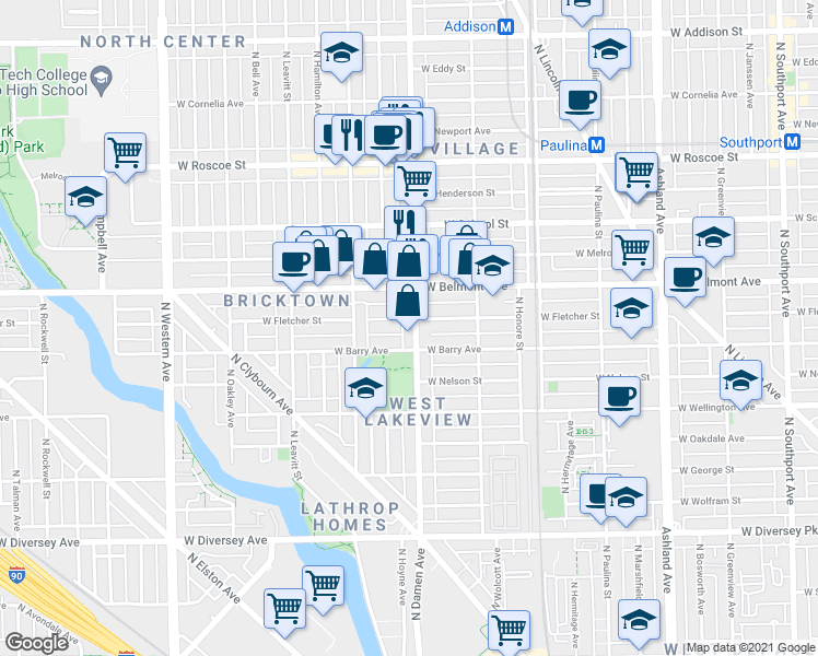 map of restaurants, bars, coffee shops, grocery stores, and more near 1949 West Fletcher Street in Chicago
