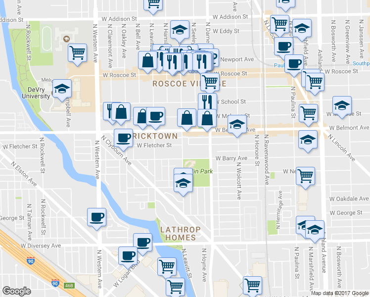 map of restaurants, bars, coffee shops, grocery stores, and more near 2103 West Fletcher Street in Chicago