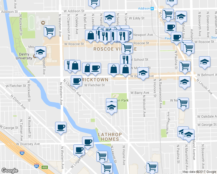 map of restaurants, bars, coffee shops, grocery stores, and more near 2103 West Fletcher Street in Chicago