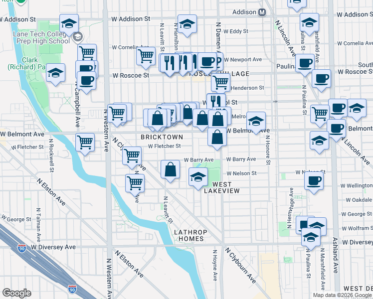 map of restaurants, bars, coffee shops, grocery stores, and more near 2103 West Fletcher Street in Chicago