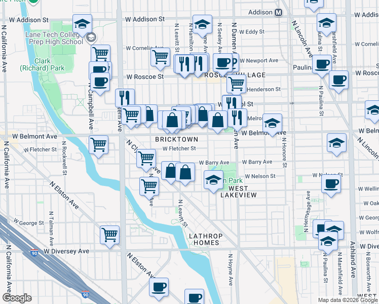 map of restaurants, bars, coffee shops, grocery stores, and more near 2147 West Fletcher Street in Chicago
