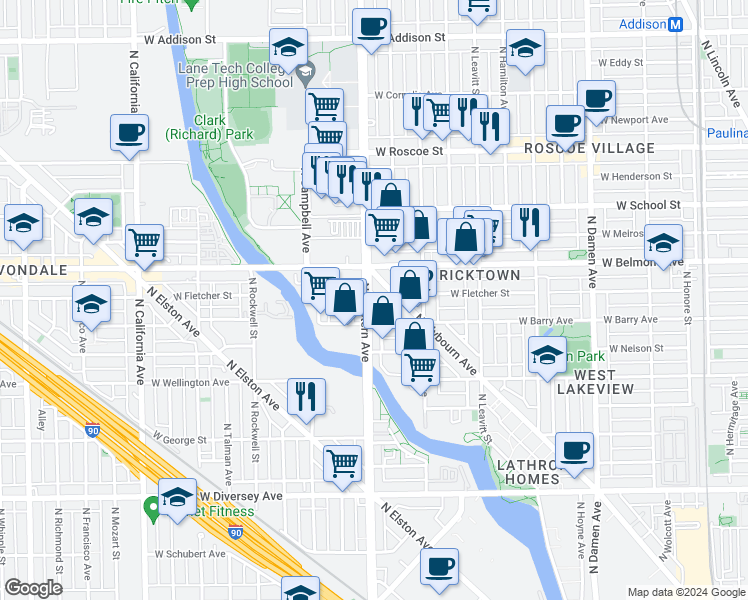 map of restaurants, bars, coffee shops, grocery stores, and more near 3142 North Clybourn Avenue in Chicago