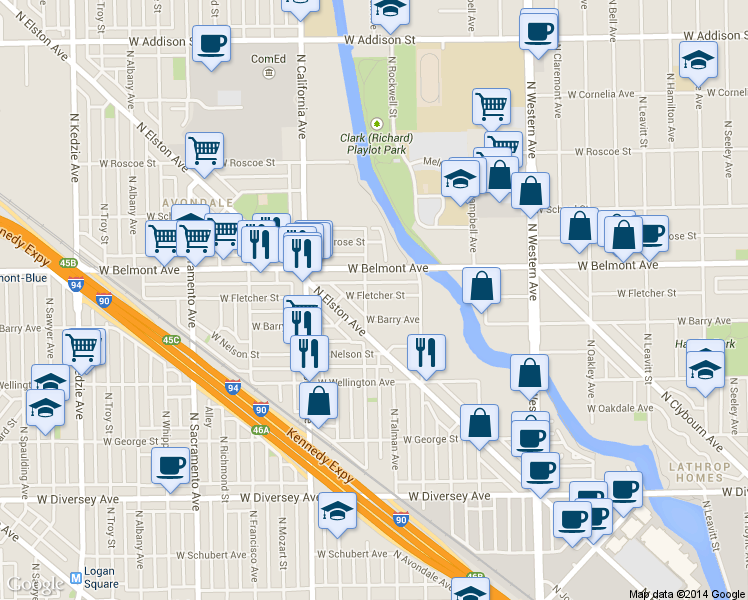 map of restaurants, bars, coffee shops, grocery stores, and more near 2635 West Fletcher Street in Chicago