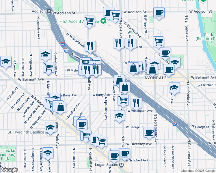 map of restaurants, bars, coffee shops, grocery stores, and more near 3301 West Belmont Avenue in Chicago