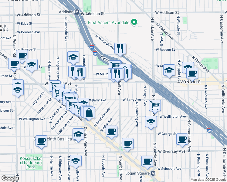 map of restaurants, bars, coffee shops, grocery stores, and more near 3132 North Bernard Street in Chicago