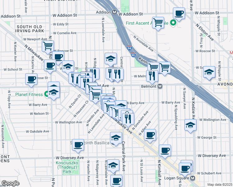 map of restaurants, bars, coffee shops, grocery stores, and more near 3137 North Monticello Avenue in Chicago