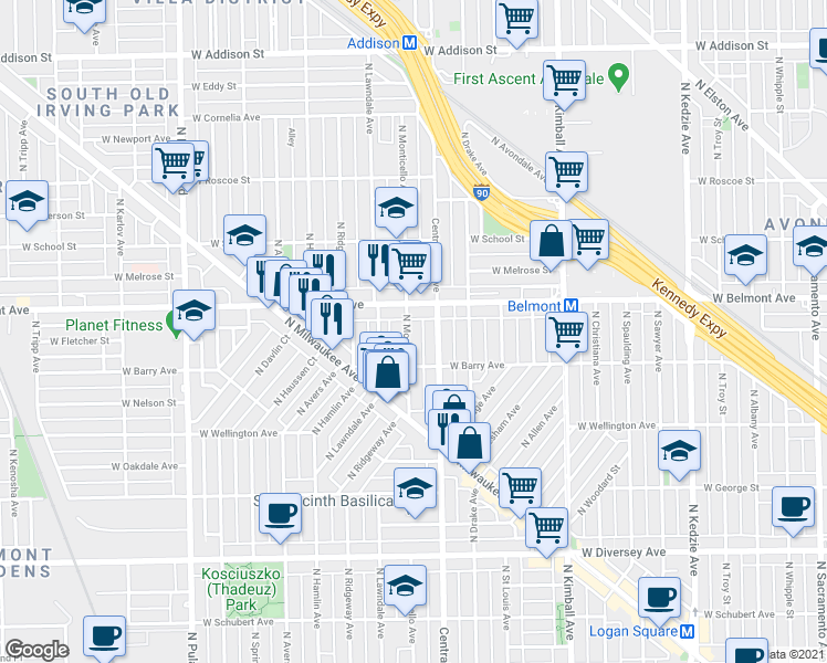map of restaurants, bars, coffee shops, grocery stores, and more near 3137 North Monticello Avenue in Chicago