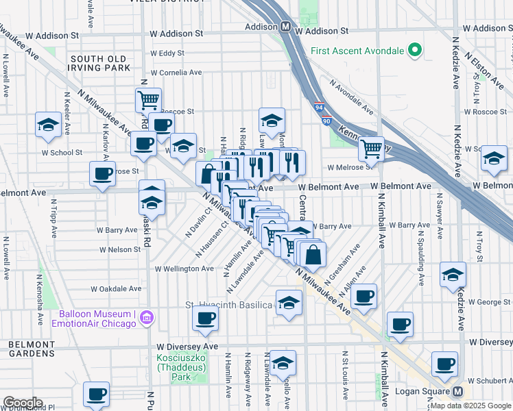 map of restaurants, bars, coffee shops, grocery stores, and more near 3134 North Lawndale Avenue in Chicago