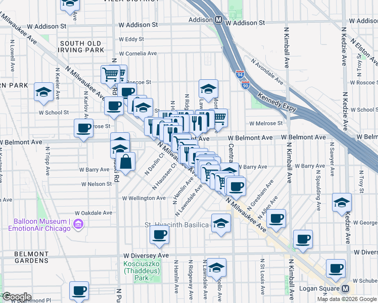 map of restaurants, bars, coffee shops, grocery stores, and more near 3139 North Hamlin Avenue in Chicago
