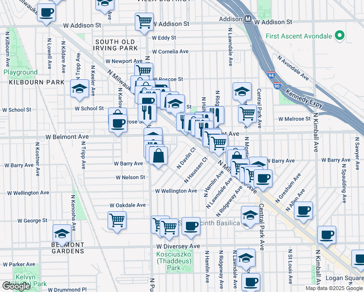 map of restaurants, bars, coffee shops, grocery stores, and more near 3157 North Springfield Avenue in Chicago