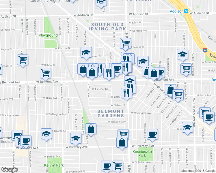 map of restaurants, bars, coffee shops, grocery stores, and more near 4120 West Fletcher Street in Chicago