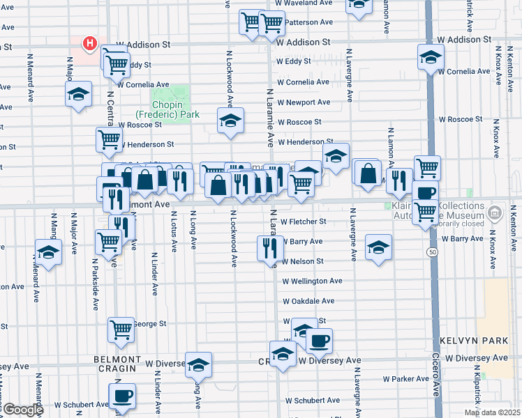 map of restaurants, bars, coffee shops, grocery stores, and more near 5219 West Belmont Avenue in Chicago